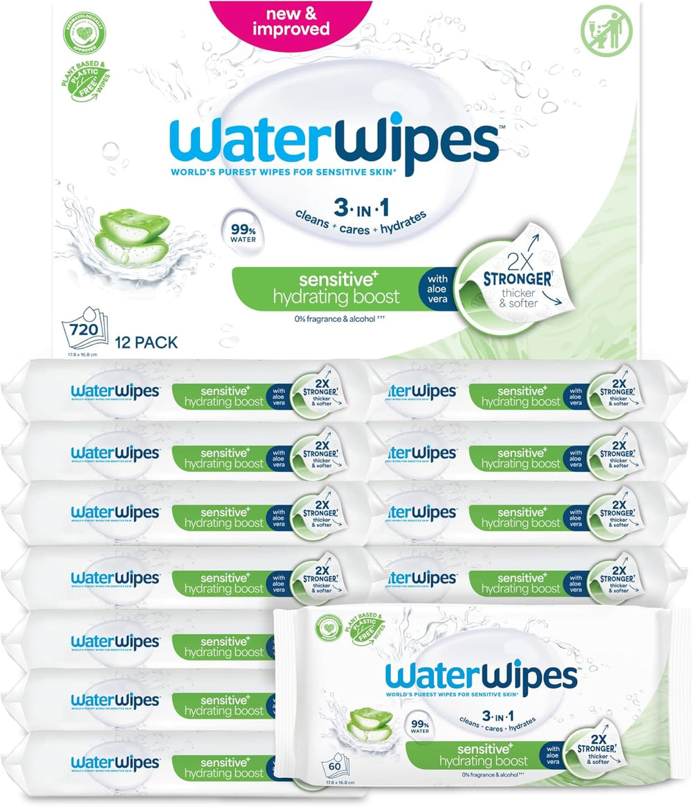 WaterWipes Sensitive+ Hydrating Boost vådservietter, hydrerende servietter, 360 stykker (6 pakke), 3 i 1 rene, pleje, hydrere, 99 % aloe vera vand, uparfumerede babyservietter