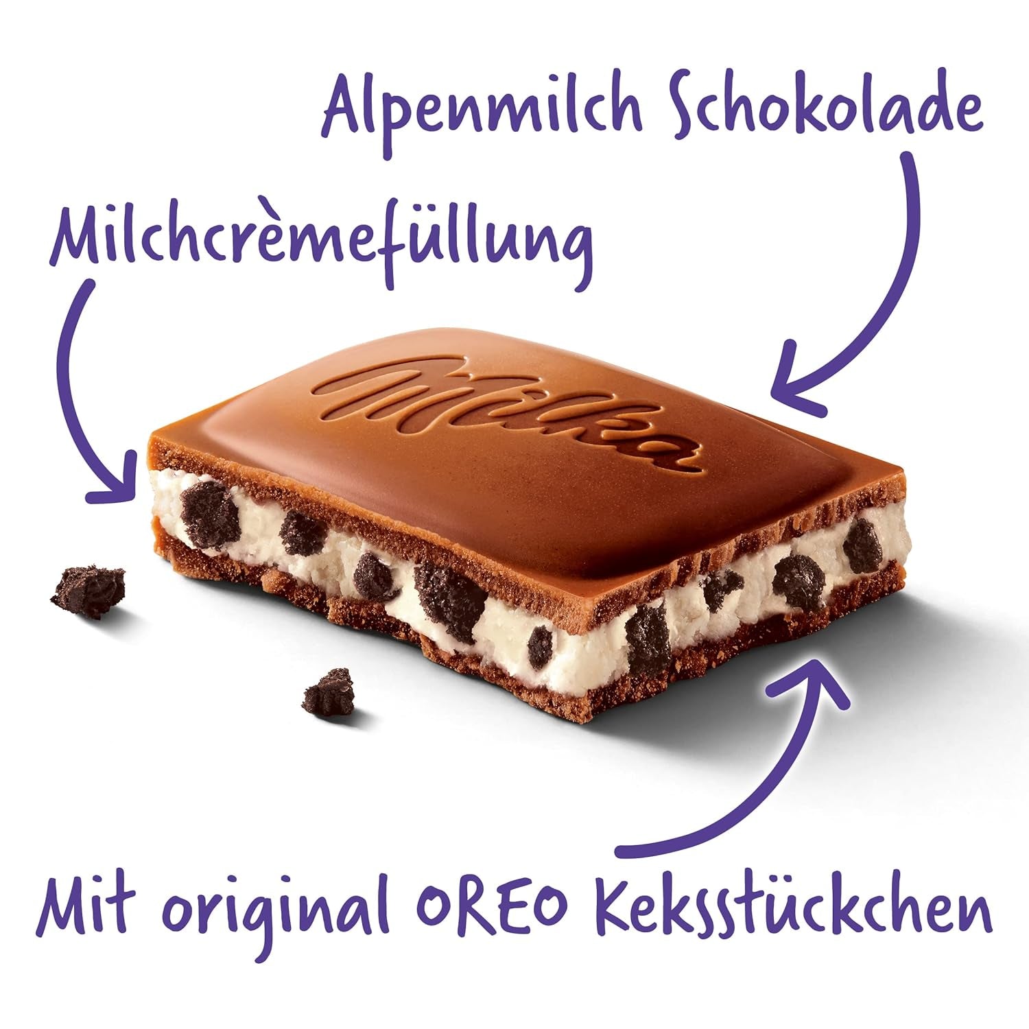 Milka Oreo – Alpine mælkechokolade fyldt med sprøde stykker af Oreo kiks og glat vaniljecreme – 100g