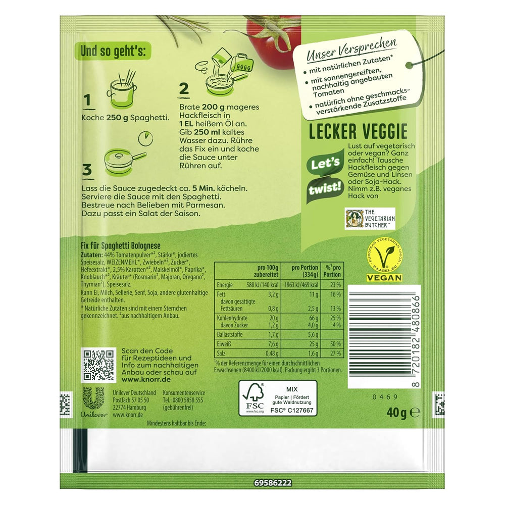 Knorr Fix Würzmischung Spaghetti Bolognese til en lækker nudelret med naturlige ingredienser 40 g