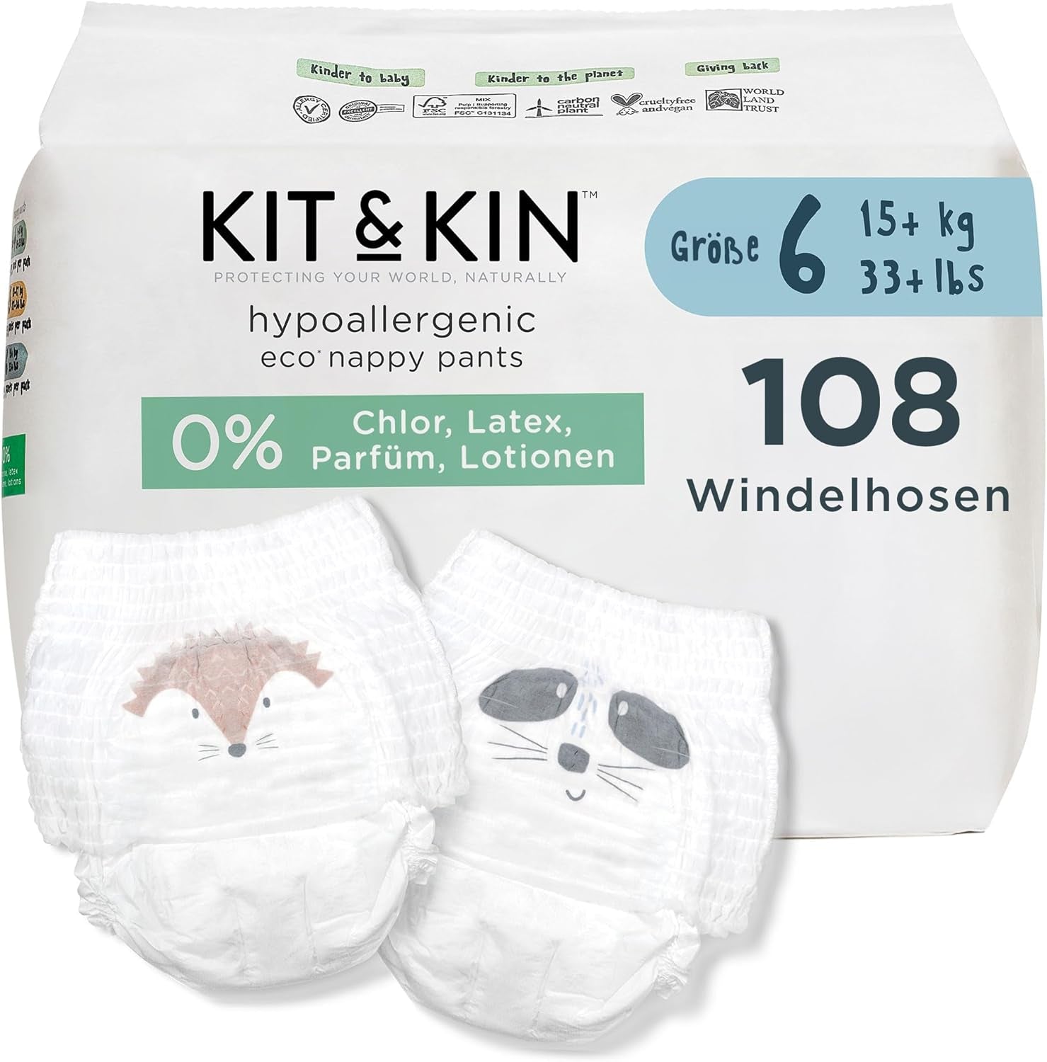 Kit & Kin Premium Eco-bleer, størrelse 4 (9-16 kg), 132 bleer, plantebaserede og allergivenlige, pålidelig lækagebeskyttelse, vegansk og grusomhedsfri