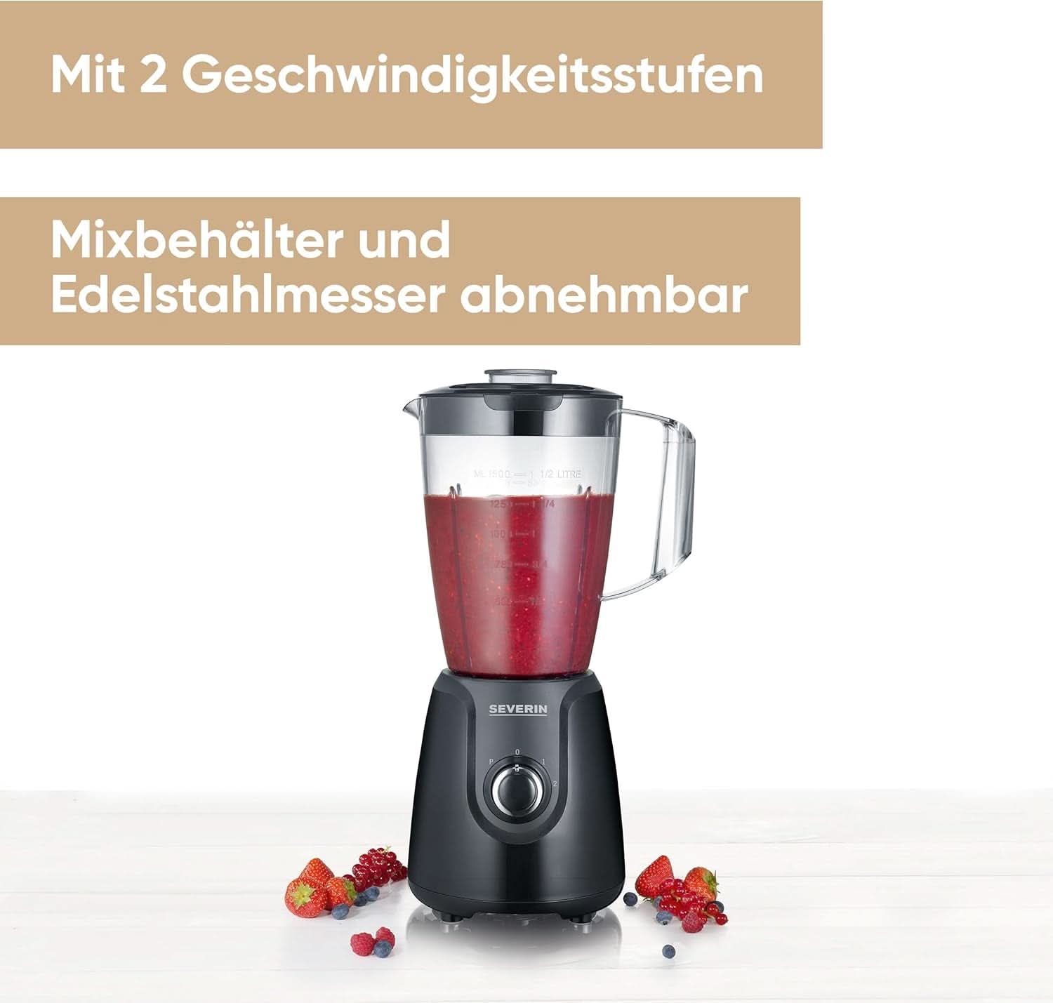 SEVERIN Standmixer Mit 1,5 L Mixbehälter Aus Tritan, Mixer Mit 2 Stufen og Pulse-Funktion, Leistungsstarker Küchenmixer Mit Edelstahlmesser, 600 W, Schwarz, SM 3707 Kitchen Naty Shop