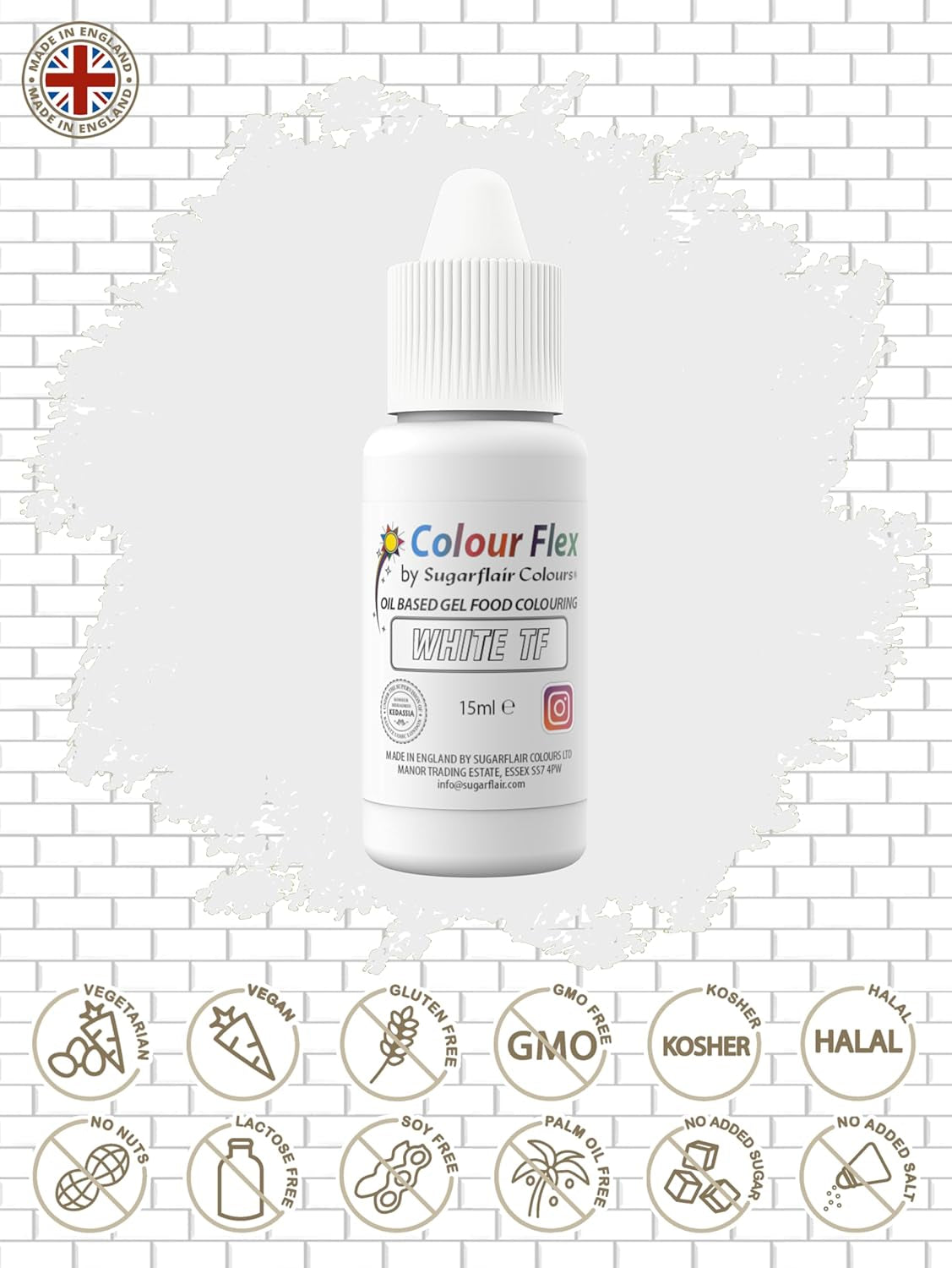 Colorant alimentar pe bază de ulei Sugarflair Colourflex alb, colorant alimentar lichid foarte concentrat, colorant alimentar pentru cremă de unt, ciocolată, aluat, fondant, glazură și multe altele - 15 ml