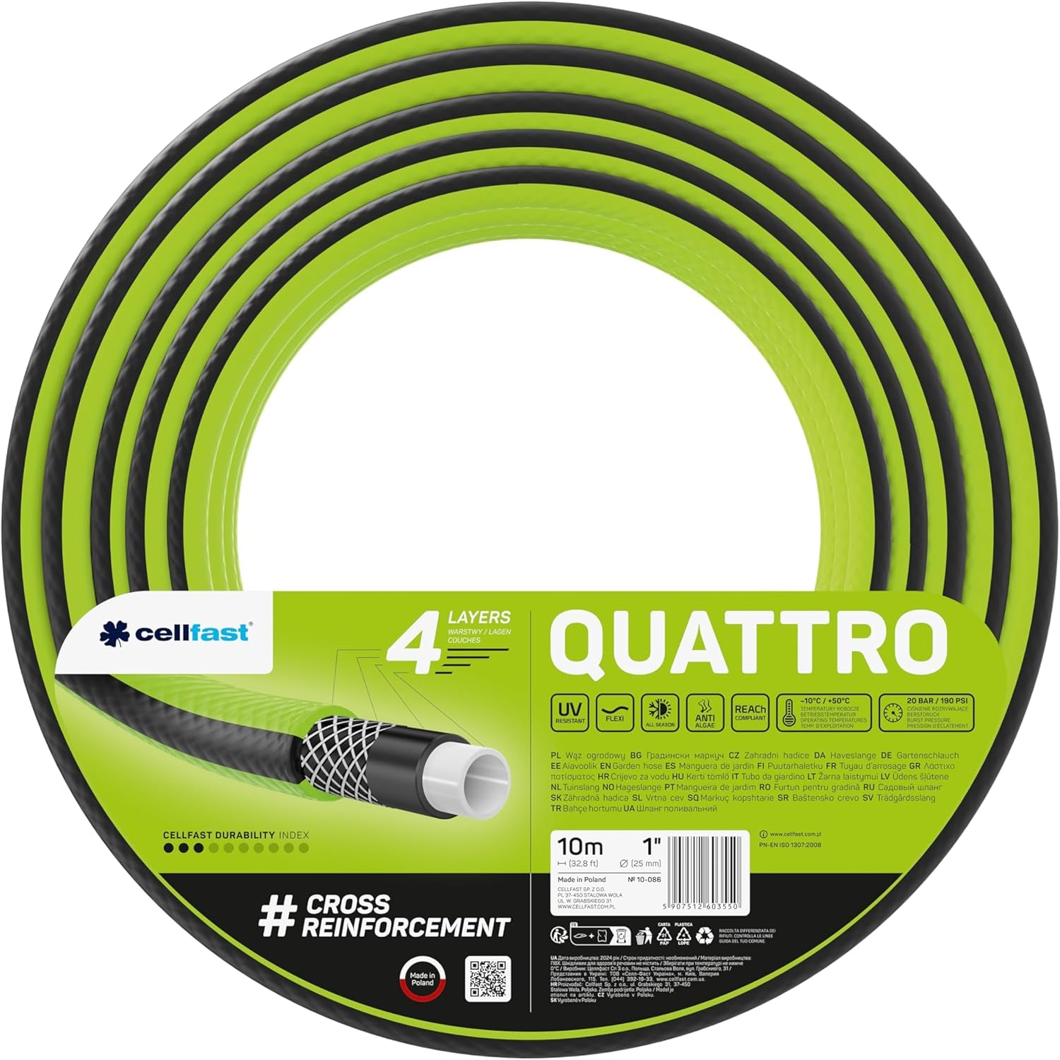 Furtun de grădină Cellfast QUATTRO, durabil, ușor, cu 4 straturi, rezistent la UV, furtun din fire, împletitură încrucișată, 20 bar, 3/4" 15m, 10-074