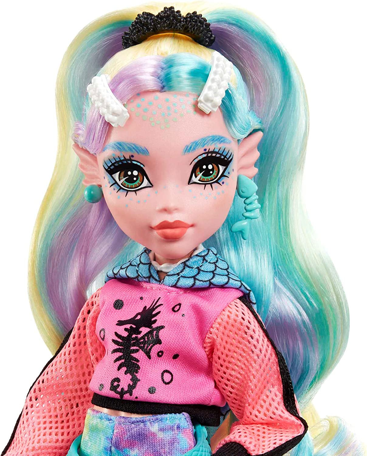 Păpușă MONSTER HIGH Lagoona Blue - hanorac roz, pantaloni scurți de bicicletă batik, sandale cu platformă, aripioare, accesorii, pentru copii cu vârsta peste 4 ani, HHK55 Papusi Naty Shop