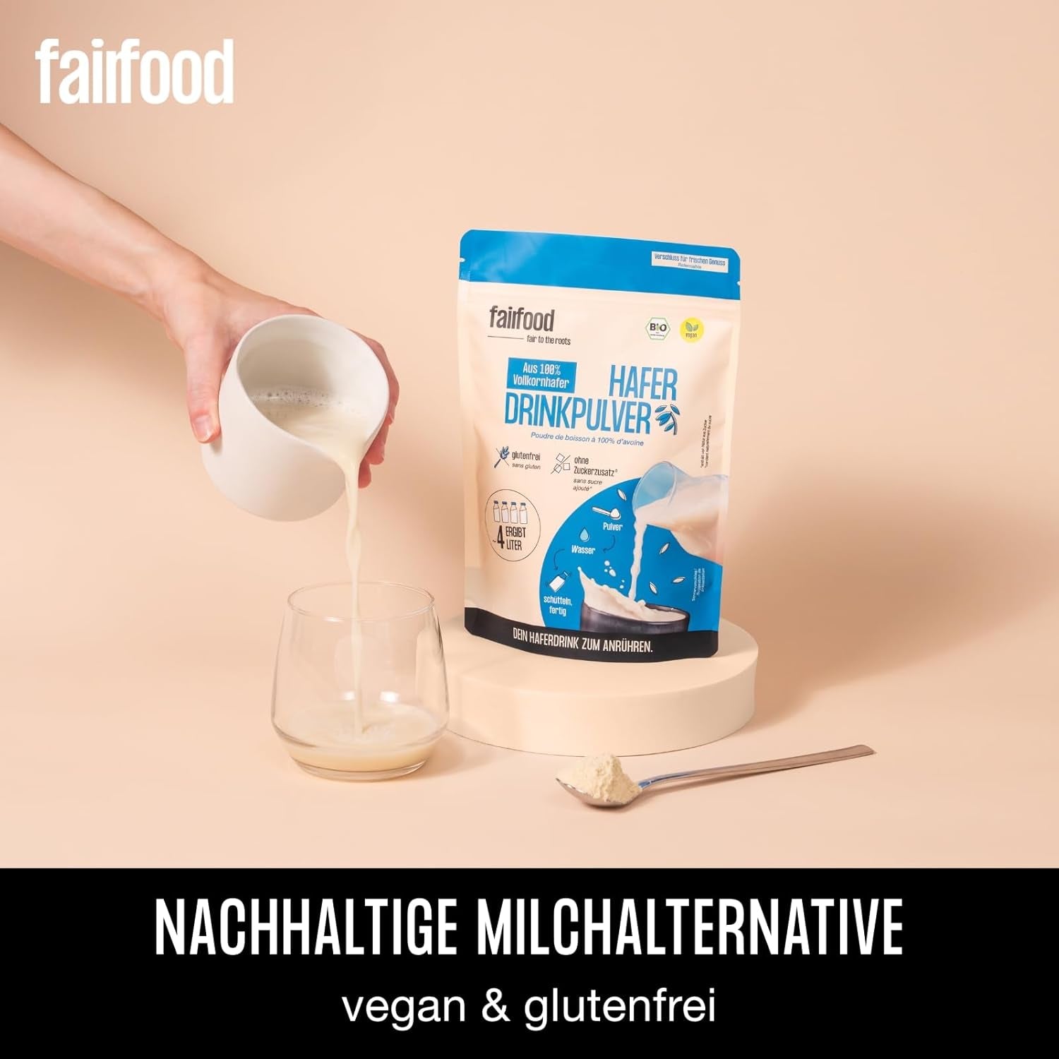 fairfood Bio Haferdrink Pulver 360g - nachhaltige Milchalternative - vegansk, glutenfri og ohne Öl - bis zu 4L Haferdrink - zum Selbermischen - 100% Bio-Vollkornhafer