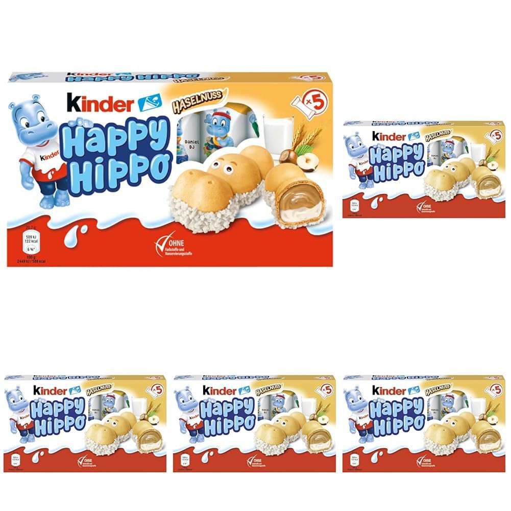 Kinder Happy Hippo Hasselnut - Specialitetssprøde vafler med mælk og hasselnøddecreme - Karneval og fastelavnsslik - 1 pakke indeholdende 5 individuelle stænger á 20,7 g hver