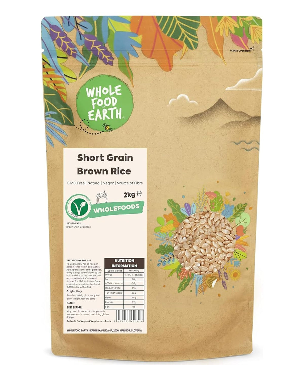 Wholefood jord kortkornet brune ris - ikke-GMO - naturlig - vegansk - mælkefri - uden tilsat sukker, 2 kg