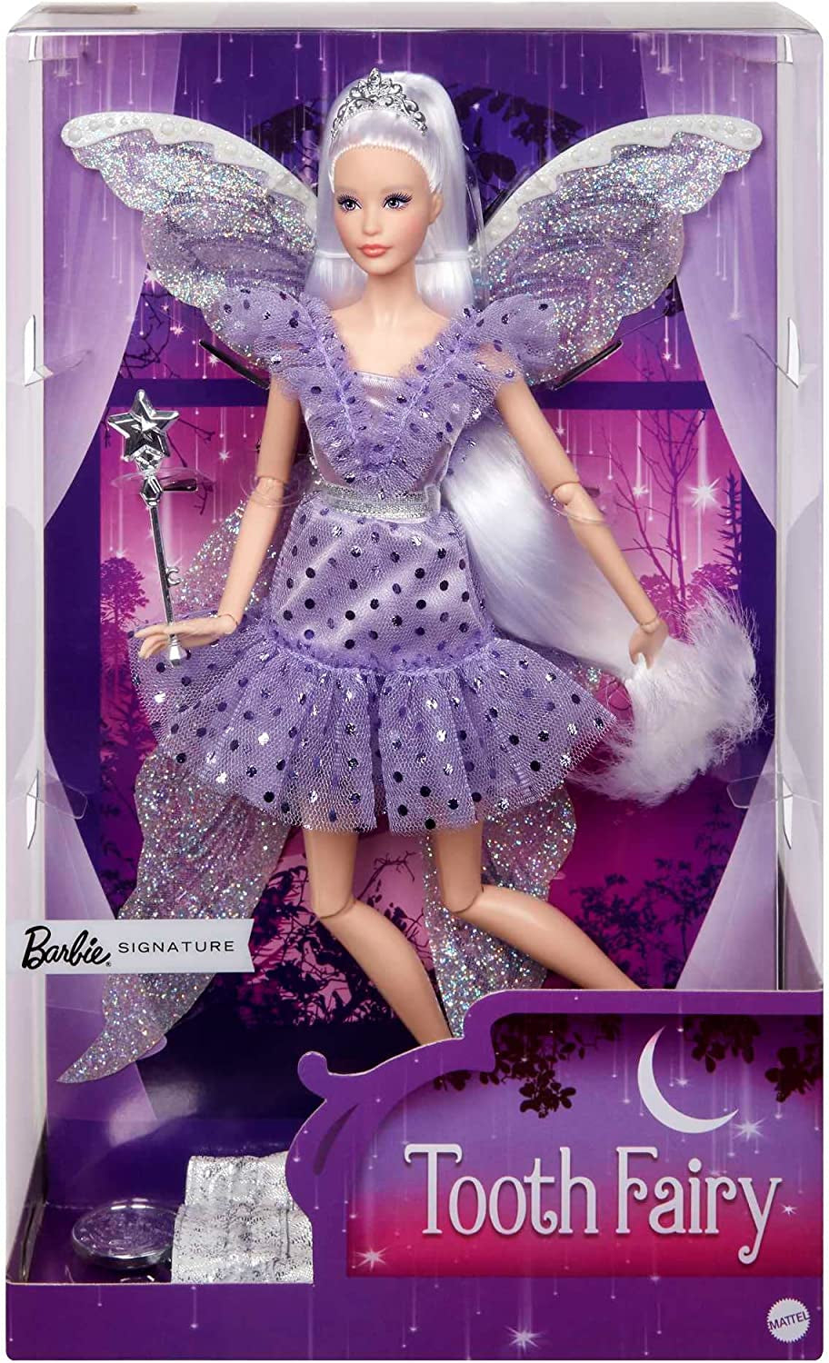 Barbie Signature Tooth Fairy Doll, păpușă de colecție cu aripi de zână, baghetă magică și pungă de monede, cadou pentru copii 6+, JCW43 Papusi Naty Shop Titlu implicit