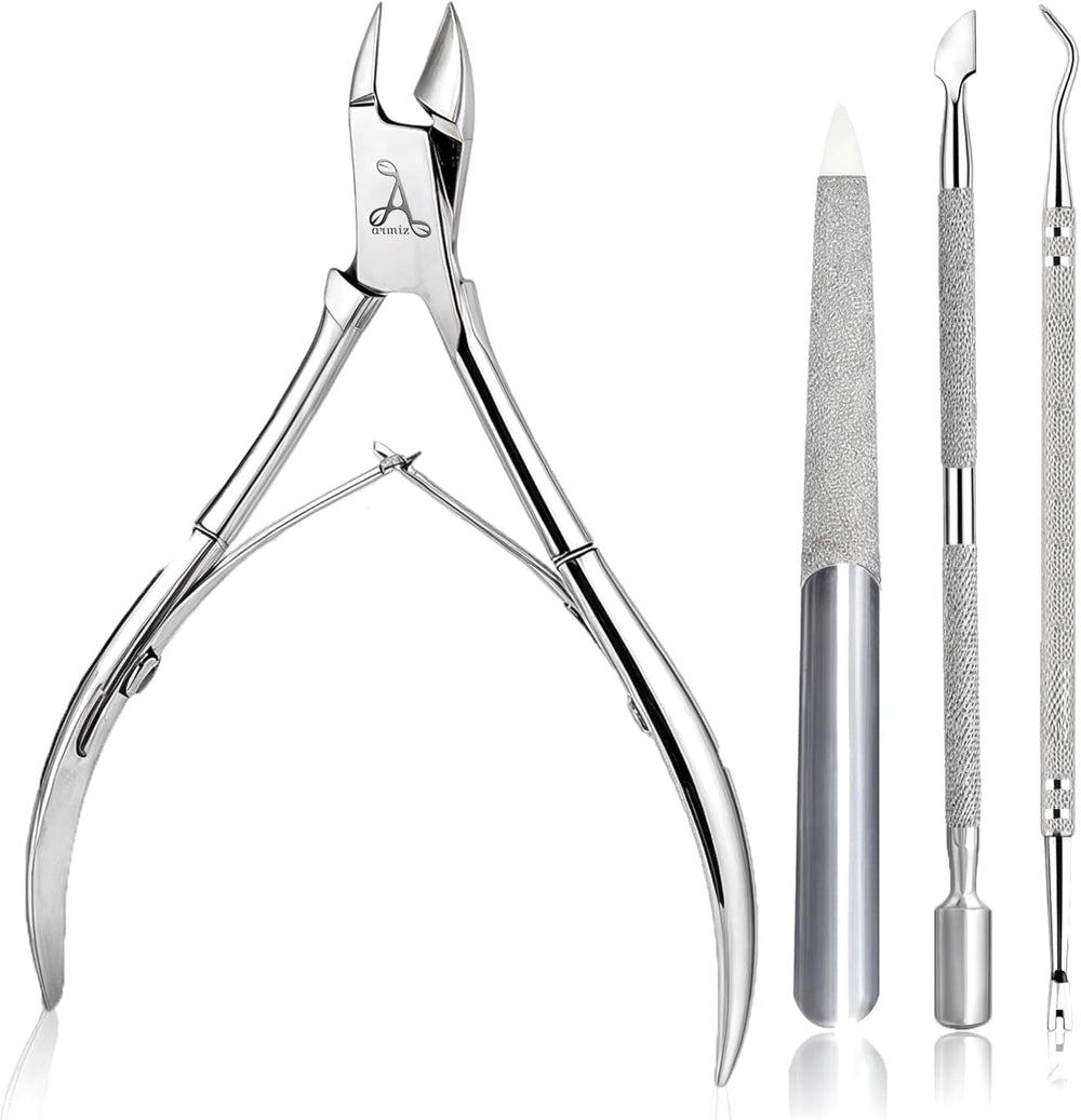 ARMIZ Set de 4 piese pentru împingătorul și cleștele de cuticule, Set profesional de instrumente pentru îndepărtarea cuticulelor, Clește multifuncțional din oțel inoxidabil pentru manichiură și pedichiură