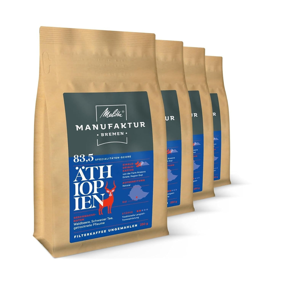 Melitta Manufaktur-Kaffee Guatemala Honning, Specialkaffe, 250 G, Hele Kaffebønner, Uformede, Enkelt Oprindelse Kaffe, Delikat Trommeristet, Ristet i Tyskland, Styrke 3 Kaffe Naty Shop 4 x 250 gram Etiopien Hele Bønner