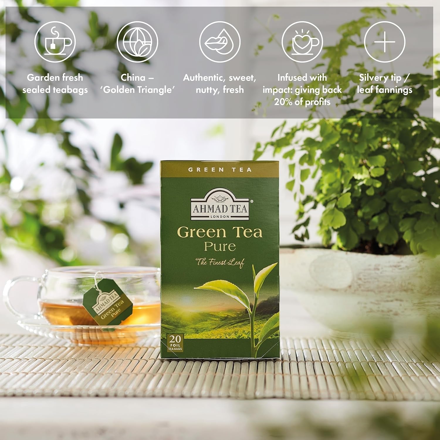 Ahmad Tea - Ceai verde - Pliculețe de ceai ambalate individual, cu aromă sigilată, cu 2 g de ceai per porție - 20 pliculețe de ceai cu bandă (pachet cu 2)