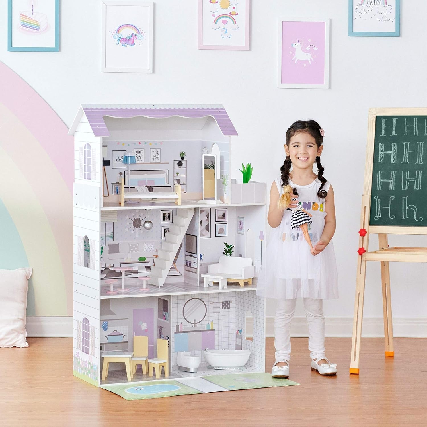 Teamson Kids Casa de păpuși gigantică Olivia's Little World cu 16 accesorii pentru păpuși, casă de păpuși din lemn cu mobilier, cu 3 etaje, casă de păpuși pentru copii de 30 cm, vârste 3+