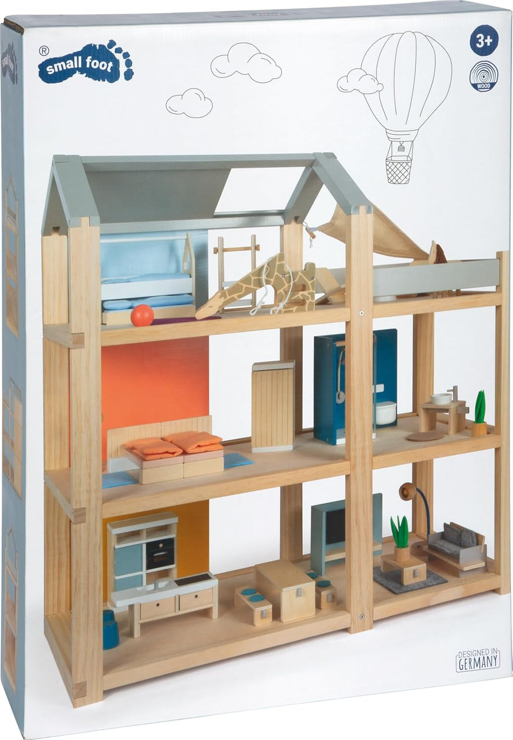 Lille fod, naturlig farve trædukkehus - 3-etagers med tagterrasse og 51-delt møbelsæt tilskynder til kreativ leg, velegnet til alderen 3+ 12541 Naty Shop dukkehuse
