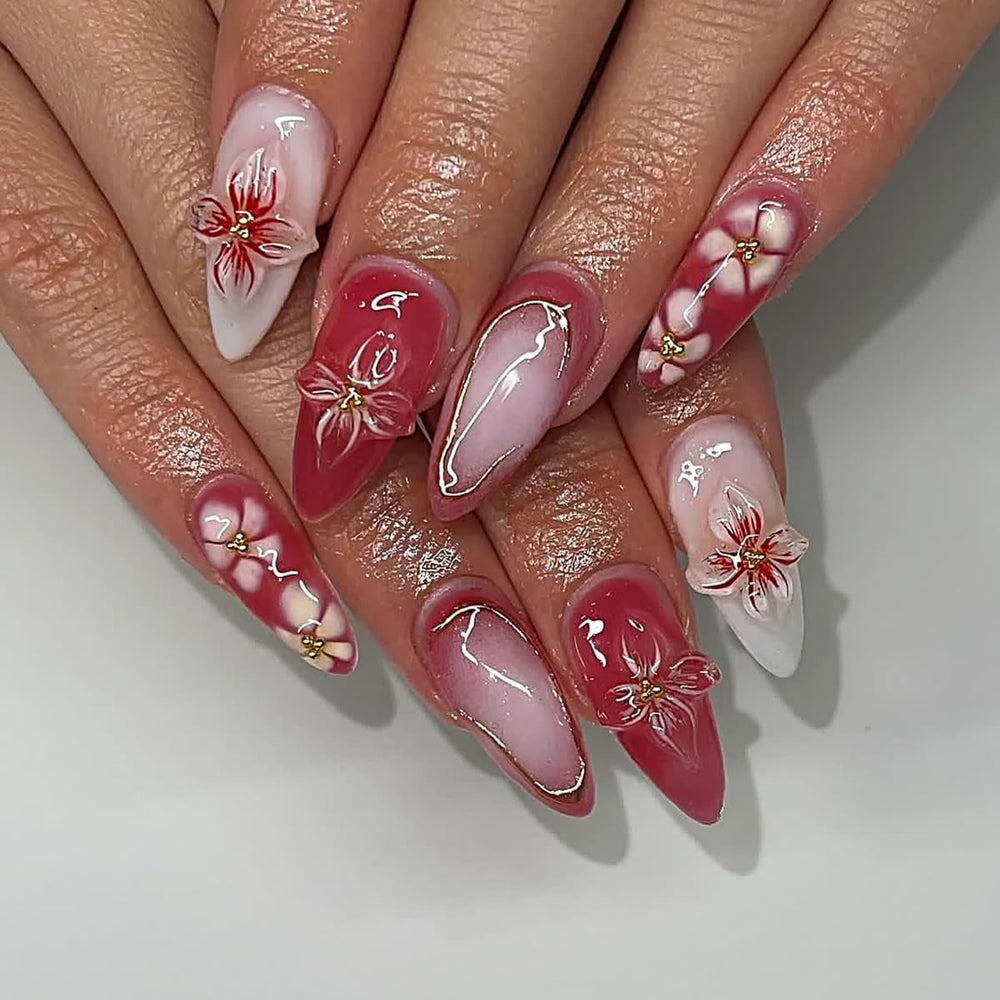 Mouyouglow 30 bucăți unghii false scurte, model floral cu dungi albe, culoare nud, model francez 3D, cu flori Y2K, cu lipici pentru unghii, vârfuri albe, flori argintii ondulate, vară, INS, unghii artificiale