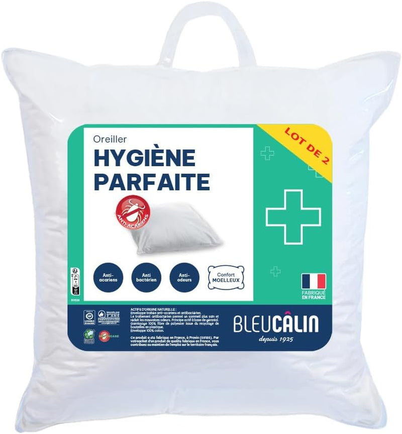 Bleu Câlin Set de 2 perne dreptunghiulare anti-acarieni, anti-bacterii, confort pufos, T 60X60 Cm, 100% bumbac, sortiment igienă perfectă Perne standard Naty Shop