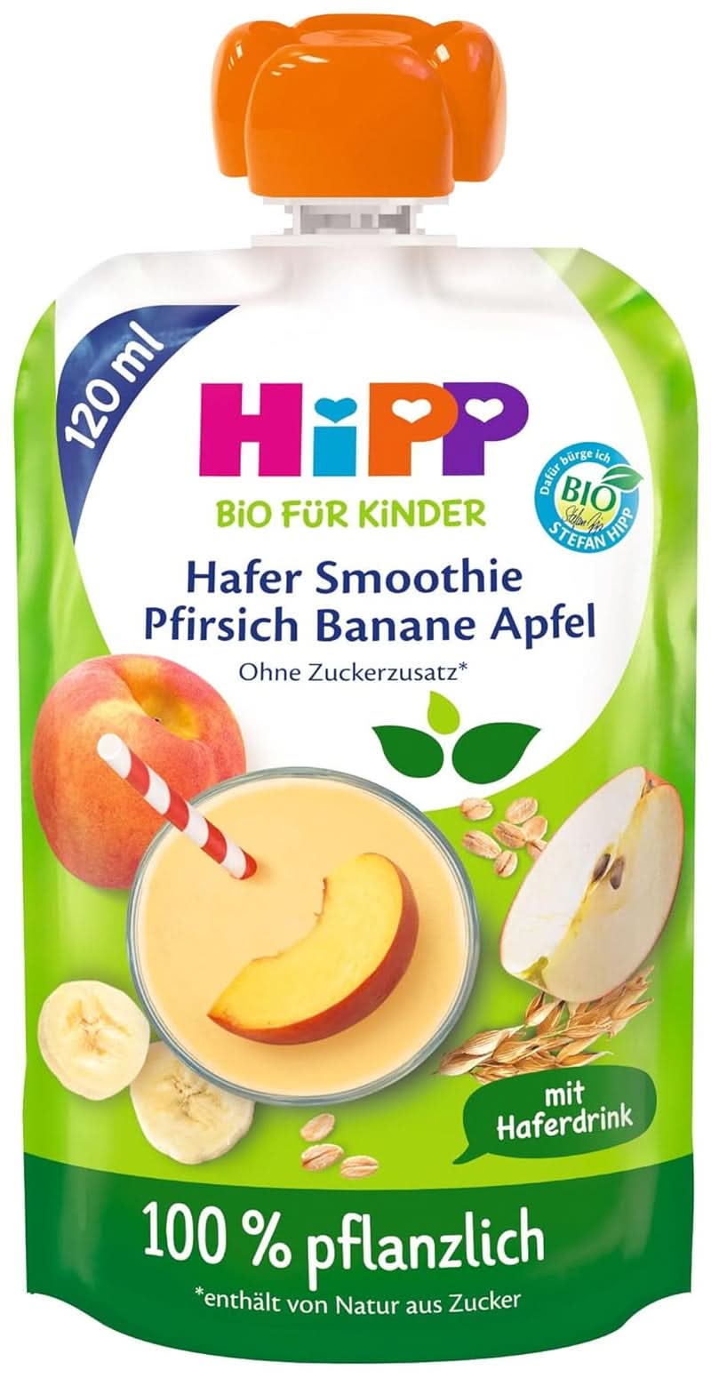 Hipp BIO Smoothie med æbler, ferskner, bananer med havredrik, 120 ml, pakke med 6 (6 x 120 ml) Mor og barn Naty Shop 6 x 120 ml Banan, fersken