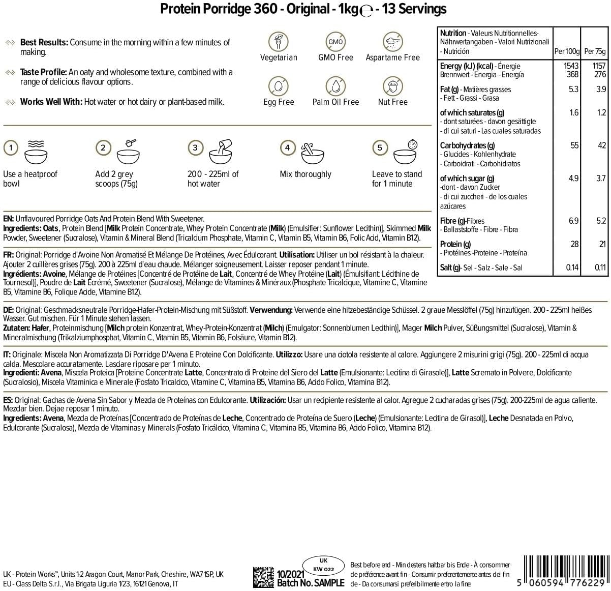 Protein Works - Proteingrød 360 | Myte Yderligere vitaminer og mineraler | Proteinreiches Frühstück | Kalorienarme Haferflocken | 13 Serveringer | Naturlig | 1 kg Cereal Naty Shop