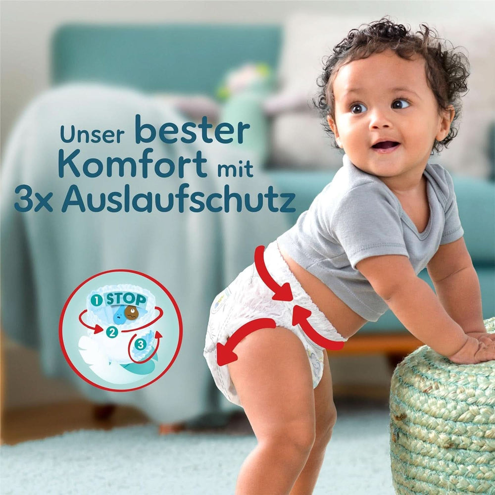 Pampers Babybleer Bukser str. 5 (12-17Kg) Premium Protection, Junior med Stop og Protect lomme, 144 bleer Trusse Mor og barn Naty Shop