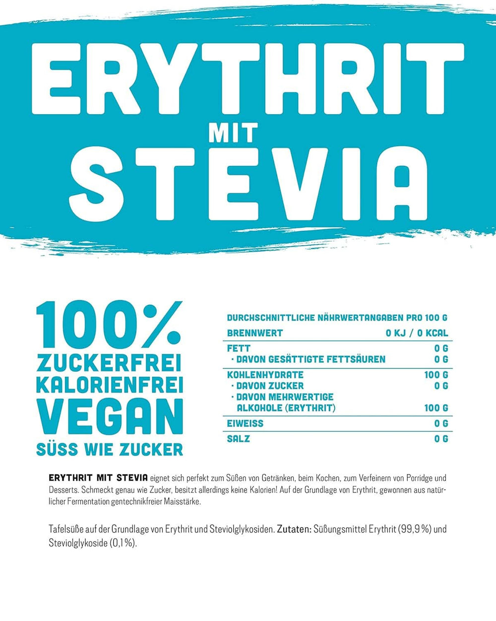 Erythritol + Stevia Naturlig sukkererstatning uden kalorier 1:1, 1 kg sødemidler Naty Shop