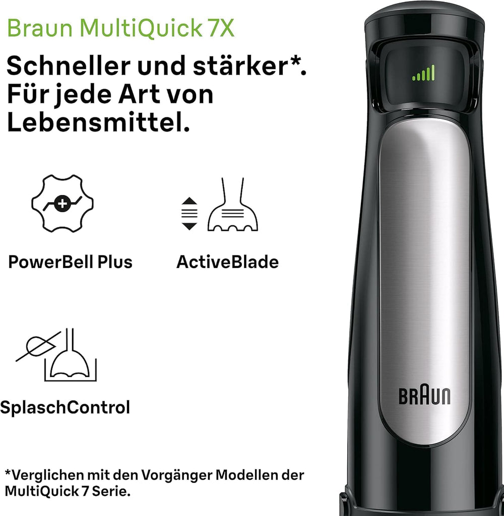 Braun Multiquick 7 MQ 7035X Stabmixer - Pürierstab Mit Abnehmbarem Edelstahl Mixfuß Mit Activeblade Technologie Zum Pürieren Der Härtesten Ingredient, Inkl. 3-Teiliges Zubehör Sæt, 1000 Watt, Schwarz Kitchen Naty Shop