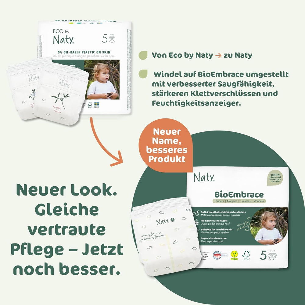 Naty BioEmbrace babybleer, str. 5 (11-25 kg) | 100% plantebaserede materialer, skånsomme mod huden | Åndbar blødhed, dermatologisk testet, fremragende absorption | 80 stk.