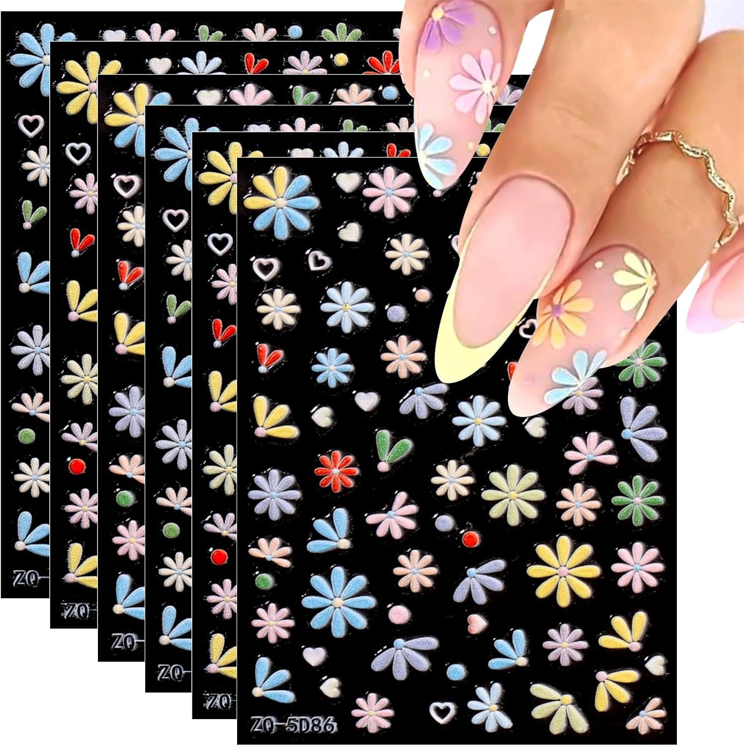 JMEOWIO 3D Nagelsticker Frühling Blumen 5 Blatt Nagelaufkleber 5D Stereoskopisch Selbstklebend Bunte Blüte Nail Art Sticker Dekoration Nageldesign Zubehör