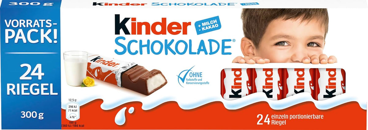 Kinder Chocolate - Fyldt mælkechokoladebarer - 1 pakke indeholdende 24 individuelle barer (24 x 12,5 g).