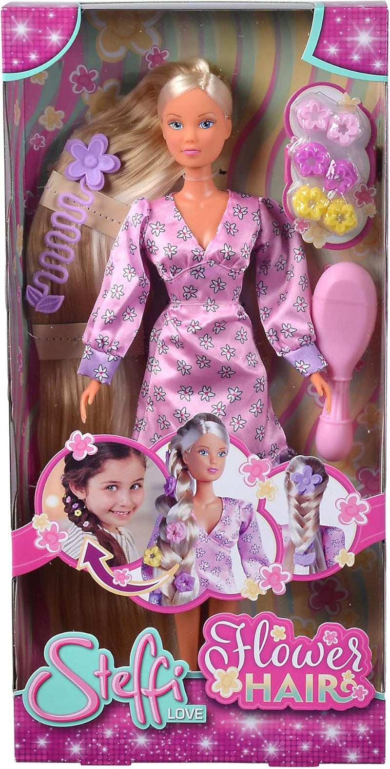 Simba 105733640 - Steffi Love Flower Hair, păpușă cu păr extra lung, include 6 agrafe, accesoriu pentru împletituri și pieptene, 29 cm, vârste 3+