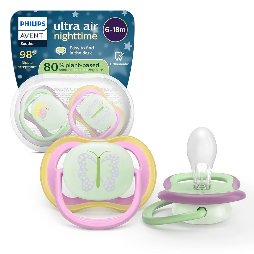 Suzete Philips AVENT ultra air - pachet de 4 suzete fără BPA, respirabile, pentru bebeluși 6-18 luni, inclusiv cutie de transport și sterilizare, model broască țestoasă/balenă (model SCF085/66)