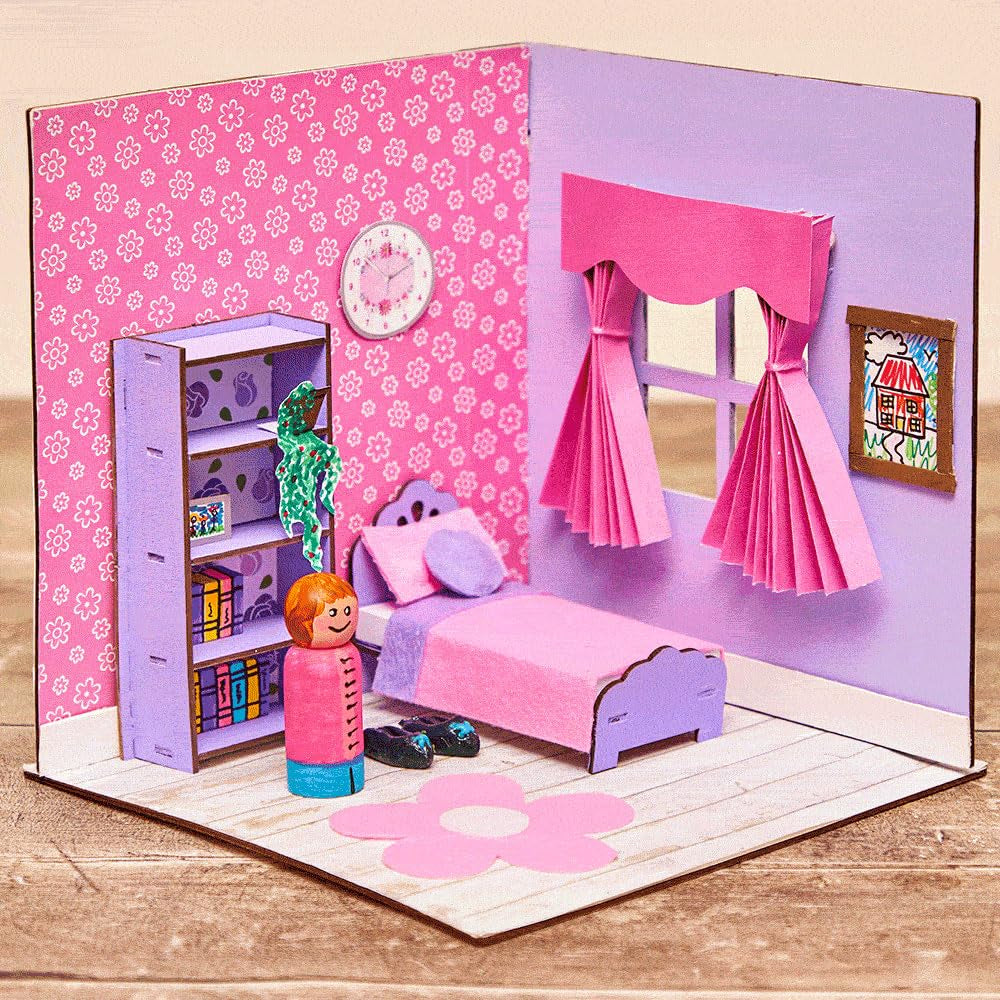 Baker Ross FN255 Kit casă de păpuși mini din lemn - Kit casă de păpuși pentru copii, 1 piesă, kit de lucru manual