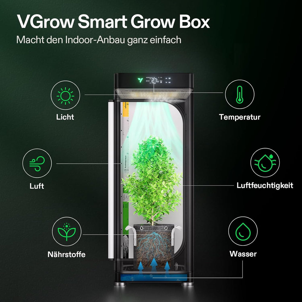 VGrow All-in-One Smart Grow Box, Professionelt system med Samsung LM301H EVO Grow Lamp, Avanceret cirkulations- og ventilationssystem, kunstvanding, næringsstofforsyning til indendørs hydroponics