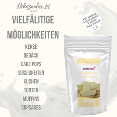 Dekozauber24 couverture drops, alb, 500g, cu aromă de ciocolată albă și vanilie, chipsuri Deco Melts, rezistent la microunde, pentru cake pops, prăjituri, tarte, torturi, picurare sau glazură Pasta de zahar Naty Shop