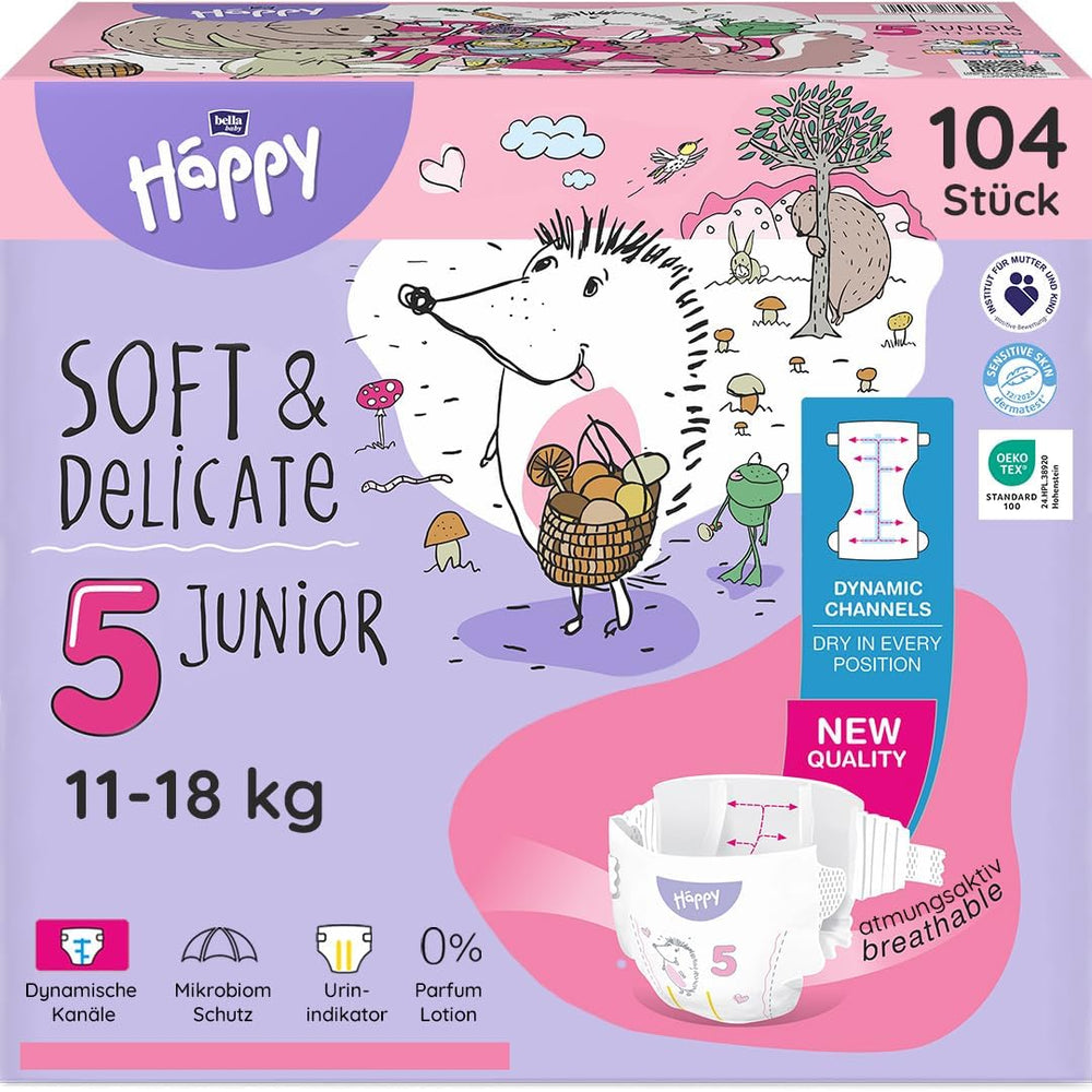 Bella Baby Happy Premium bleer, str. 6, Junior Extra, 15+ kg, 96 styk, DERMATEST og OEKO-TEX Seal, engangs babybleer