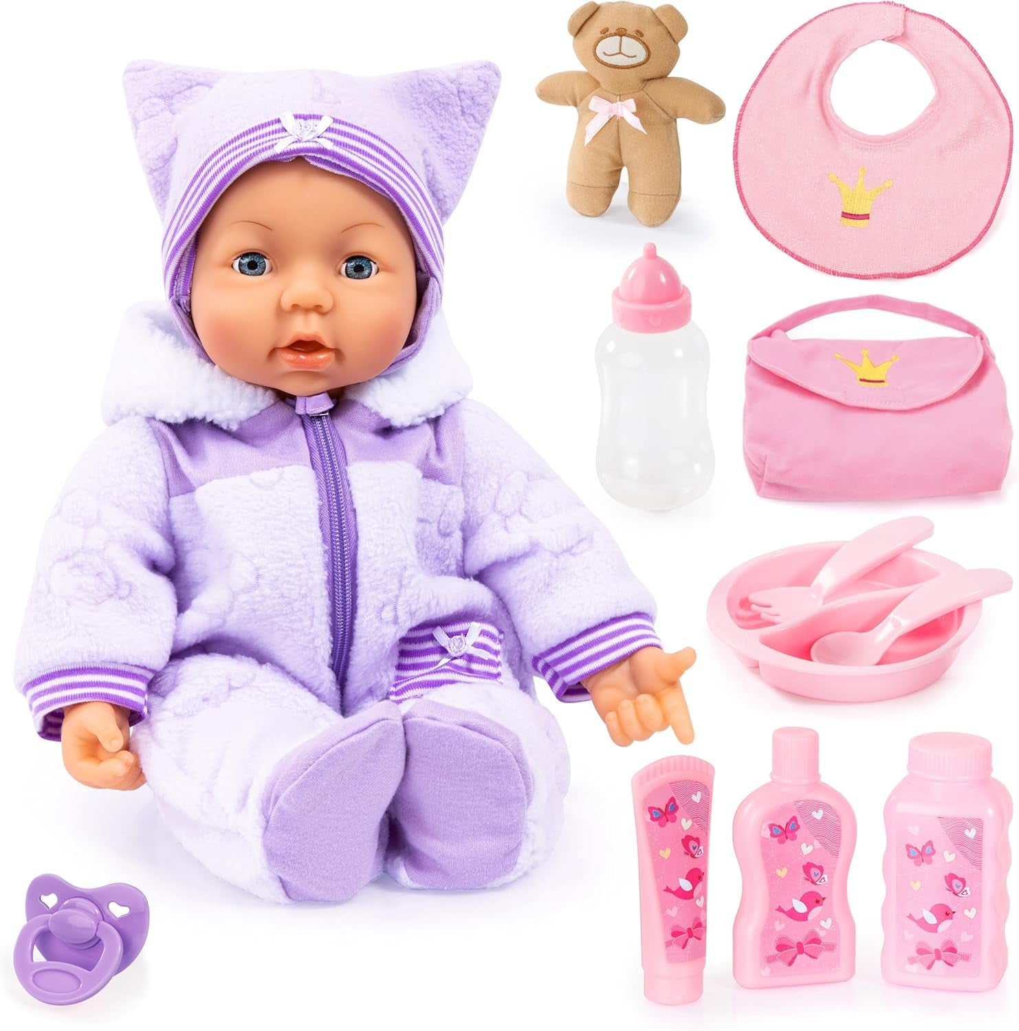 Bayer Design 94694AG 94694AA, Păpușă funcțională, Păpușă interactivă Piccolina Magic Eyes, mișcă gura, clipește și închide ochii, vorbitoare, violet, 46 cm