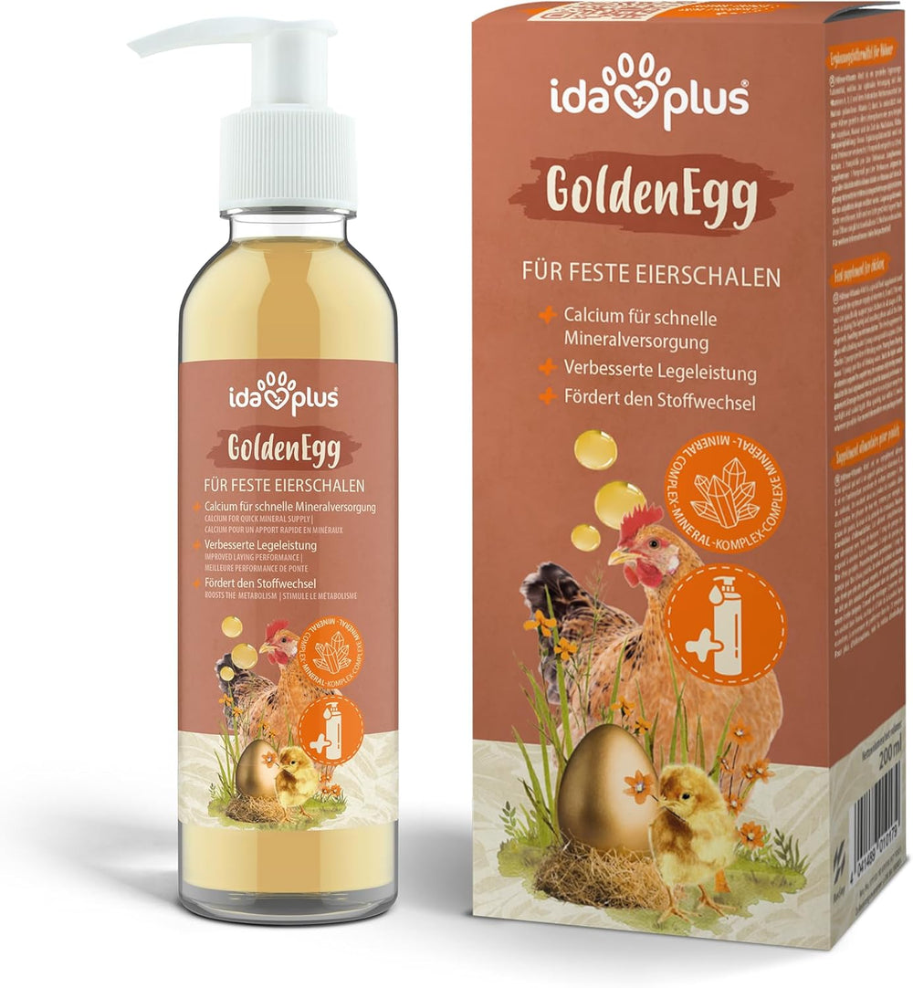 Ida Plus - GoldenEgg 200 ml - reduceret Brucheier & Federfressen - understøttet Federwachstum & Federkleid - Wichtige Mineralien & Vitamine für Hühner - Beste Eierqualität bei Ihrer Hühnerhaltung