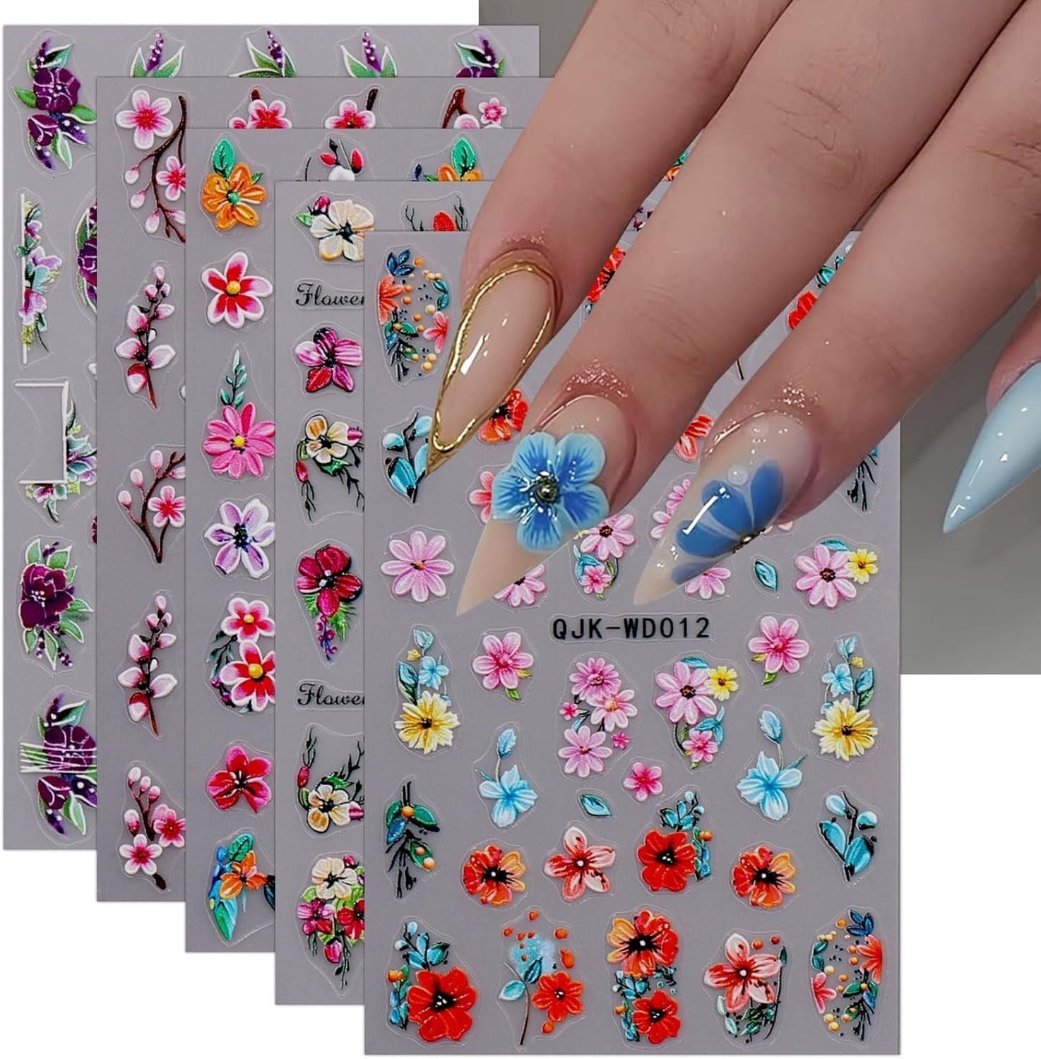 JMEOWIO Nagelsticker Blumen 6 Blatt Nail Art Sticker Selbstklebend Nagelaufkleber Sommer Blumen Dekoration Nageldesign Zubehör