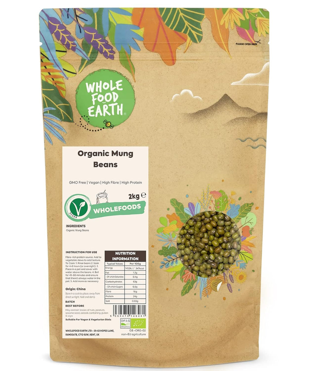 Wholefood Earth Økologiske Mungbønner 2kg | Ikke-GMO | Vegansk | Rig på fibre | Rig på protein | Certificeret økologisk