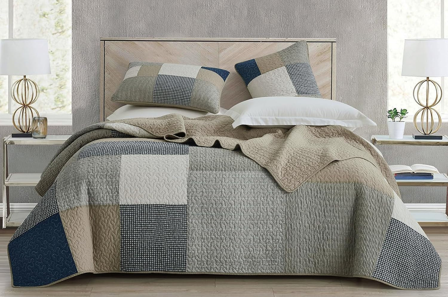 Chezmoi Collection Addy Patchwork Quilt Sæt Forvasket bomuld Letvægts Vendbar All Seasons Oversized 3 dele Navy White Grå Taupe Plaid Quilts & Quilts Naty Shop