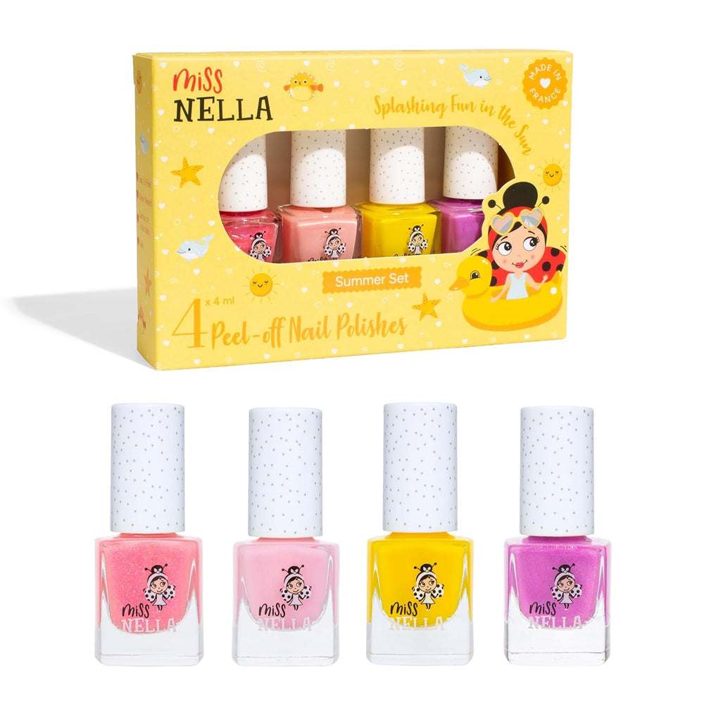 Miss Nella Magic Collection 4-delt glitter neglelaksæt: Pink, rød, guld og blå, special aftagelig neglelak til børn, ikke-giftig, vandbaseret, lugtfri