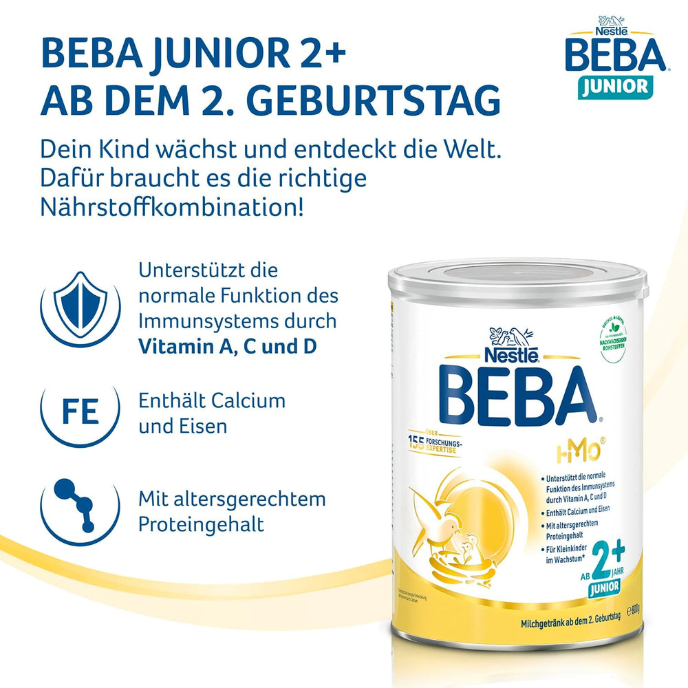 BEBA Junior 2+ mælkedrik fra 2 år, Med HMO, Alderssvarende proteinindhold, Kun laktose, Ingen palmeolie, Ingen fiskeolie, Småbørnsmad, Babymælkpulver, Pakke med 3 (3 x 800g)