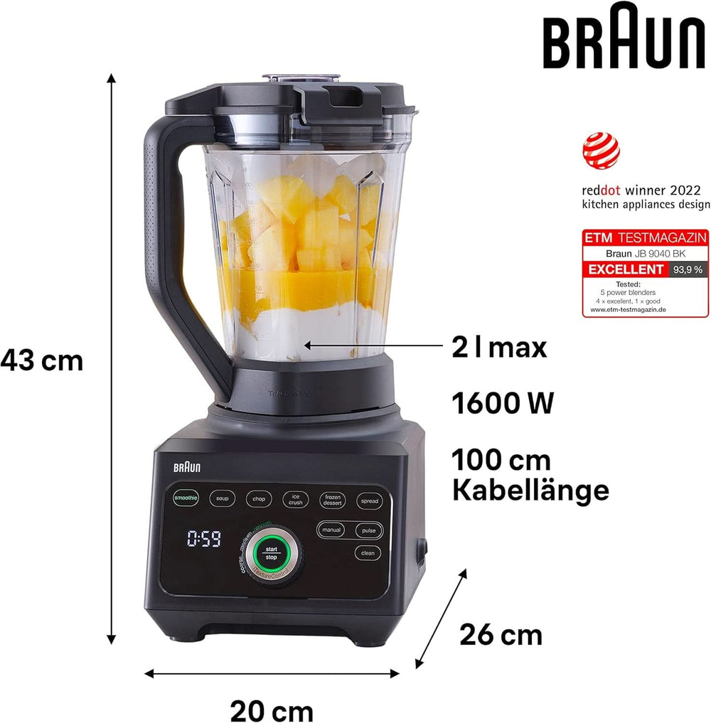 Braun Hochleistungsmixer Powerblend 9 JB9040 – Standmixer Mit Glas-Mixkrug, 18 Mixprogram, 10 Geschwindigkeiten + Pulsefunktion, Heiße Suppen Funktion, Reinigungsprogramm, Stampfer, 1600 W, Schwarz Kitchen Naty Shop