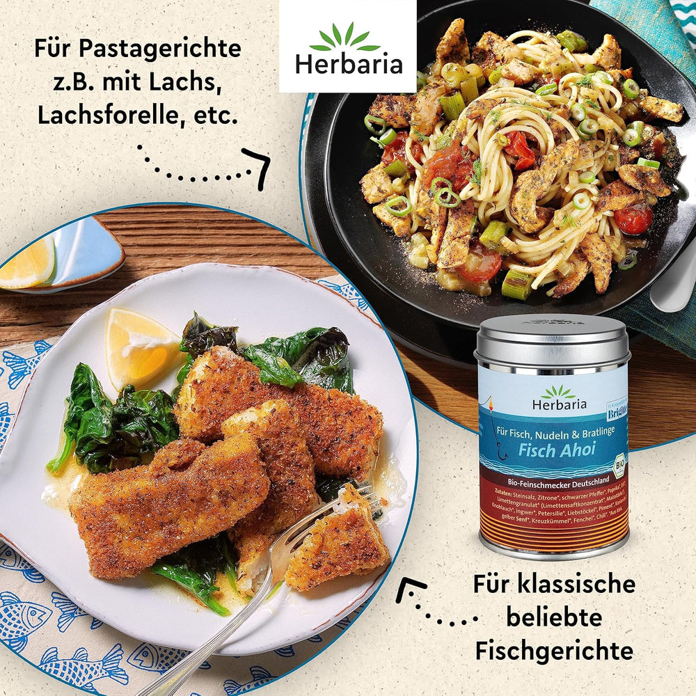 Herbaria Fisch Ahoi bio 85g M-Dosis – Fertiges Bio-Gewürzsalz for Gebratene eller gegrillte Fischgerichte, Meeresfrüchte og Bratlinge – i nachhaltiger Aromaschutz-Dose