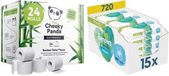 Shop Bulk Cheeky Panda Bamboo Toiletruller og Pampers Harmony Aqua Baby vådservietter æske, 720 servietter (15 x 48), skånsom hudbeskyttelse med 99 % vand