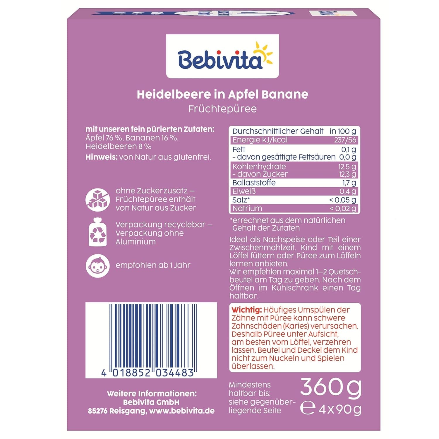 Blåbær-, æble- og bananpresselige poser - 16 (4 pakker, 4 x 90 g hver), uden tilsat sukker, glutenfri, ideel til takeaways og snacks på farten
