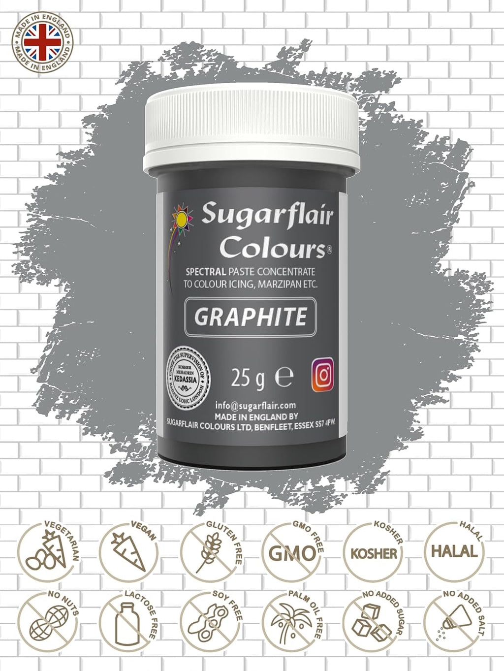 Pastă de colorant alimentar Sugarflair Grafit, colorant alimentar spectral concentrat pentru cremă de unt, pastă de zahăr, glazură, mixuri pentru prăjituri, macarons și multe altele! - 25g