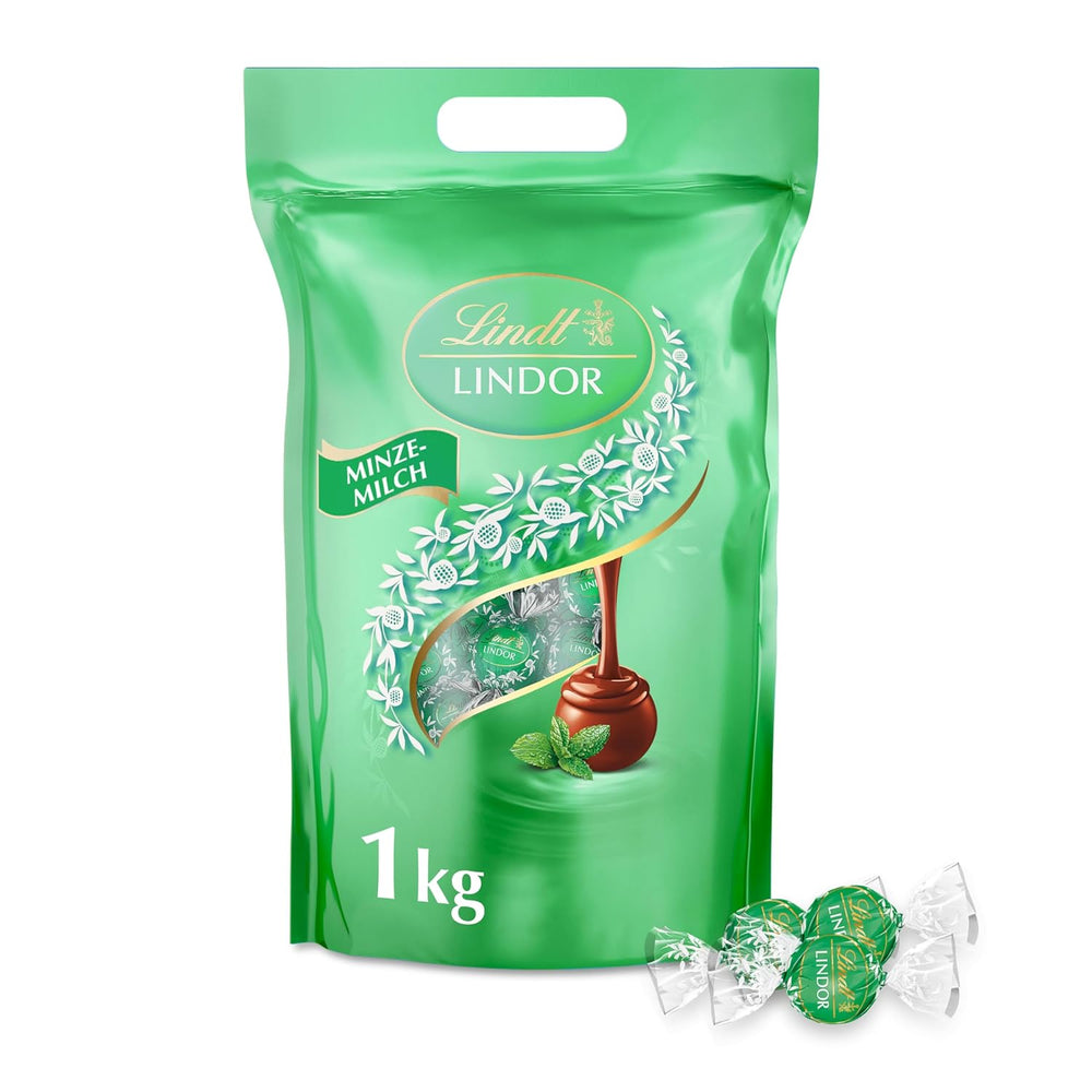 Lindt LINDOR Chokolade med Pistacie | 1 kg genlukkelig pose | ca. 80 mælkechokoladekugler med smeltet pistacie-cremefyld i munden | Bulkpakke, pralinegave