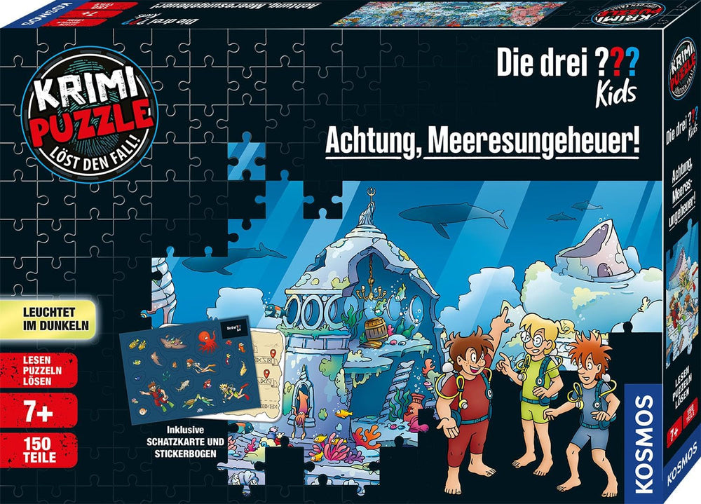 Die Drei ??? Kids - Crime puzzle - Atenție, monstru marin De la KOSMOS 680664, 150 piese, Strălucește în întuneric, Lectură, puzzle-uri, rezolvarea puzzle-urilor, puzzle detectiv pentru copii cu vârsta de peste 7 ani Puzzle Naty Shop Titlu implicit