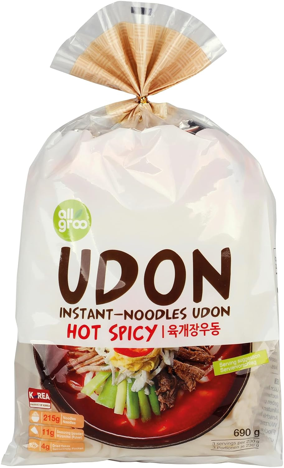 Allgroo Udon Instant Nudles - Krydret Udon Suppe, hurtig tilberedning - Indeholder 3 portioner - 1 x 690g