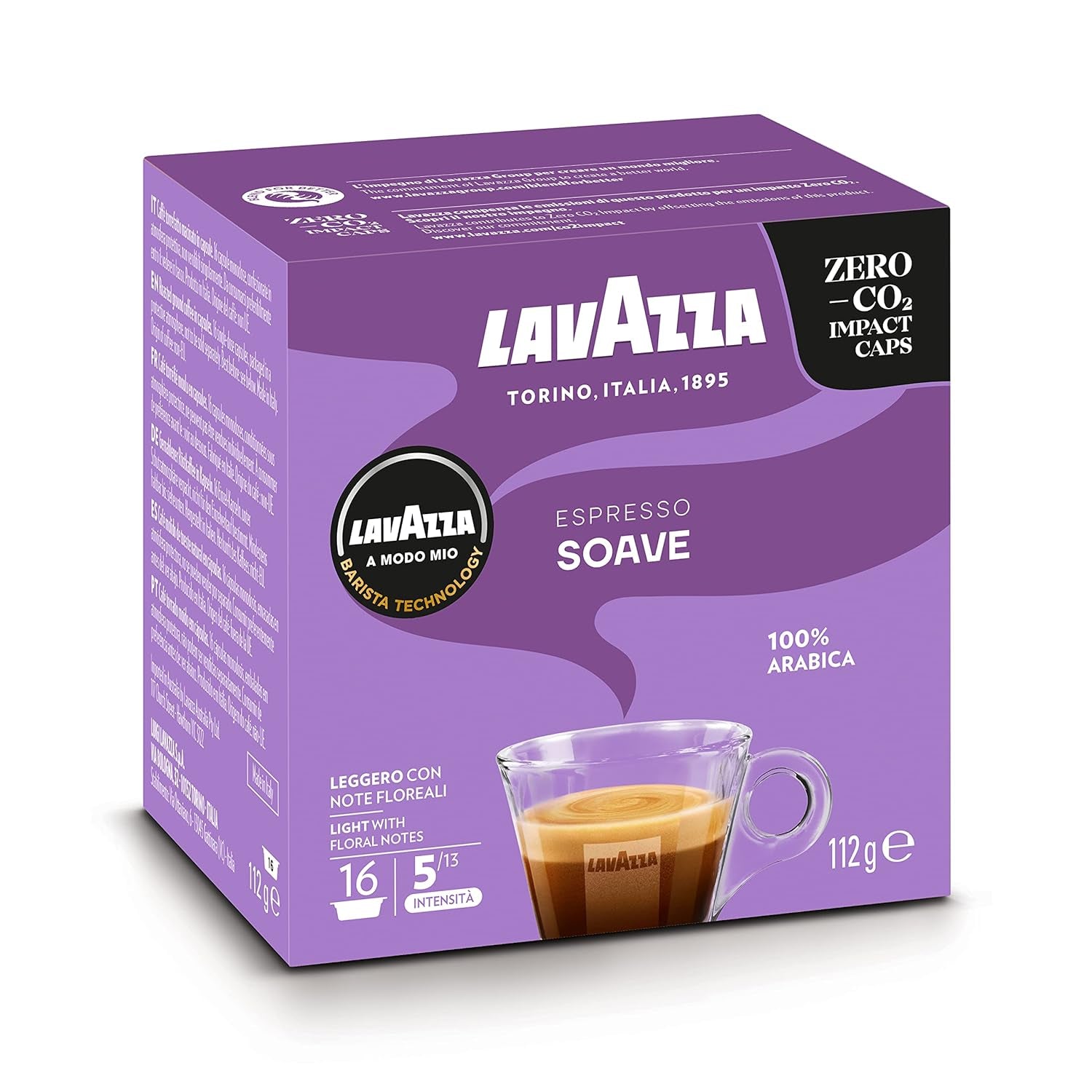 Lavazza, A Modo Mio Soave 256 Kaffeekapseln, für einen leichten und eleganten Espresso mit aromatischen Noten von Blumen, 100% Arabica, Intensität 5/13, mittlere Röstung, 16 Packungen mit je 16