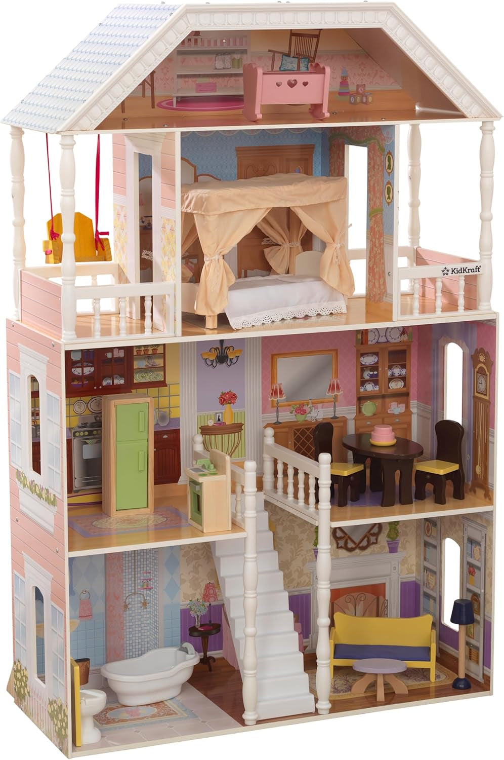 Casă de păpuși Kidkraft Savannah din lemn cu mobilier și accesorii, set de joacă cu scaun suspendat și pat cu baldachin pentru păpuși de 30 cm, jucărie pentru copii de la 3 ani, 65023 Casute de papusi Naty Shop